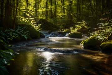 A serene forest stream, with sunlight pouring through the vegetation, creating a natural and relaxing pattern on the water's surface.