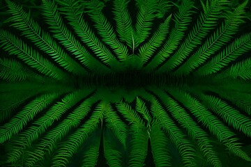 Fototapeta na wymiar A symmetrical arrangement of ferns in a shaded glade, creating a visually striking and harmonious pattern in the heart of the forest 