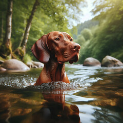 A vizsla dog swimming in a river - obrazy, fototapety, plakaty
