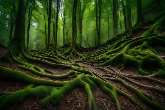 A captivating pattern of tree roots snaking across the forest floor,  the hidden network that sustains life in the woodland