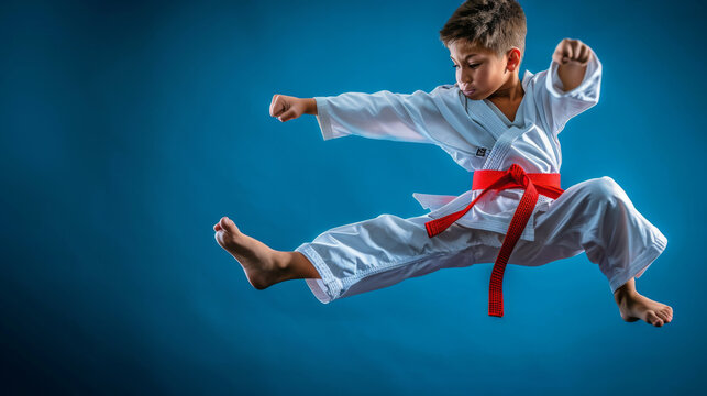 young child in a karate uniform with a red belt is performing a high kick against a blue background