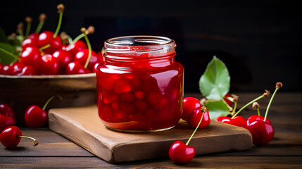 A glass jar displays juicy acerola jelly in vibrant hues and appealing texture. Acerola jelly in a gastronomic delight in rustic wood. Visually appetizing acerola jelly.