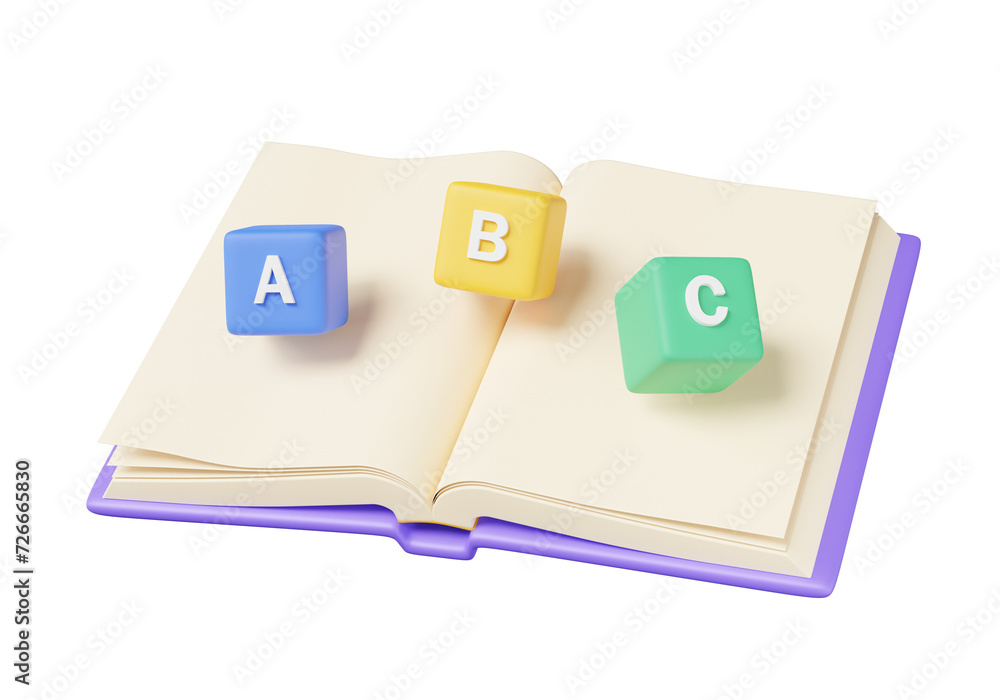 Aufkleber open book teaching knowledge game squared colorful symbols abc blocks on isolated background. learni