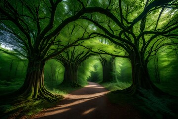 A natural archway produced by the overlapping branches of towering trees creates a beautiful and intriguing design in the center of the forest.