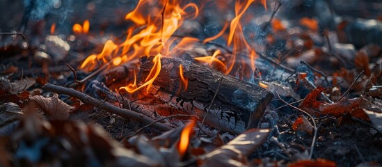 Fire details including burning twigs, logs, and leaves.