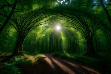 The intertwining branches of large trees form a natural archway, creating a beautiful and intriguing pattern in the center of the forest.