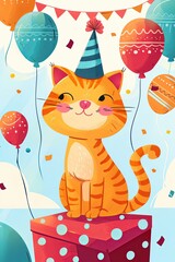 simple cute animal cat in happy birthday party theme, design for kids