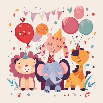 simple cute animal in happy birthday party theme, design for kids