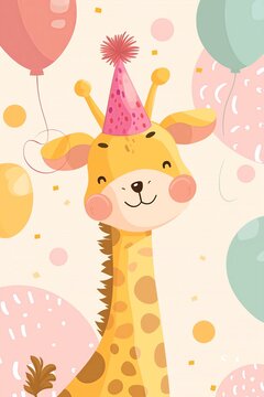 simple cute animal giraffe in happy birthday party theme, design for kids