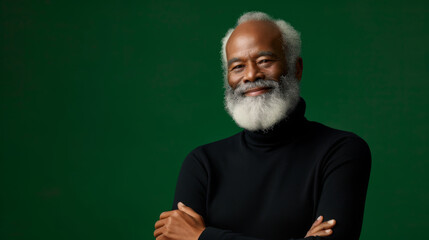 cheerful elderly man with a white beard is wearing a black turtleneck, crossing his arms, and smiling against a green background