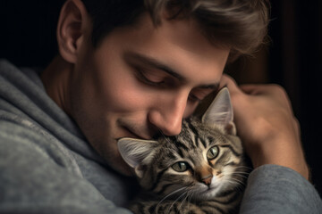 Portrait of young man embracing his cat. Kitty with his owner, spending time together. Pet adoption, mental health, cute moments, friendship with animals