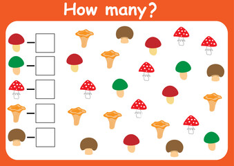 How many mushrooms are there? Counting game for children. Math assignment for preschoolers.