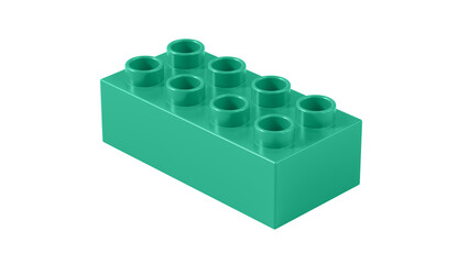 Fototapeta premium Jungle Green Plastic Lego Block Isolated on a White Background. Children Toy Brick, Perspective View. Close Up View of a Game Block for Constructors. 3D Rendering. 8K Ultra HD, 7680x4320, 300 dpi