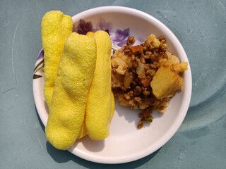 Yellow pipe fryums for food, aloo ponga,fryums pasta pasta, fryum, food, Fried and Spicy Tasty...