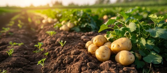 The idea of cultivating fresh, organic new potatoes in a farmer's field and harvesting a bountiful crop of tubers. - obrazy, fototapety, plakaty