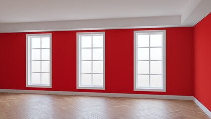 Interior with Red Walls, Three Large Windows, Light Glossy Herringbone Parquet Floor and a white Plinth. Beautiful Unfurnished Concept of the Room. 3D Rendering, Ultra HD 8K, 7680x4320, 300 dpi