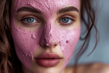 Fototapeta premium beautiful girl close-up with a pink cosmetic mask on her face. facial skin care. cosmetology