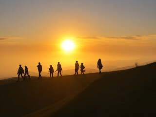 Tourists go up the hill in the sunrise Generative Ai
