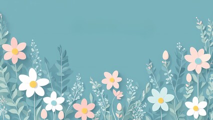 Fototapeta na wymiar Floral blue background for Easter Sunday. Christian day illustration template for poster, presentation, banner, social media.