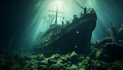 Wreck of an old ship sits under the water - obrazy, fototapety, plakaty