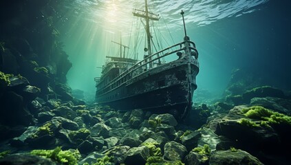 Wreck of an old ship sits under the water