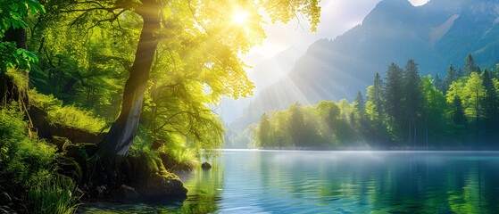 Perfect spring scene and morning meadow near the river with trees on the shore. Photo wallpaper. - Powered by Adobe