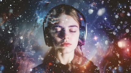 Girl with cosmic stars overlay enjoying music on headphones.