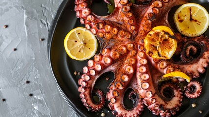 Grilled octopus with lemon slices and basil on a dark plate and gray surface.