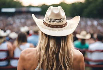 Country Music Enthusiast: Young American Woman Attending a Vibrant Country Music Concert in a...