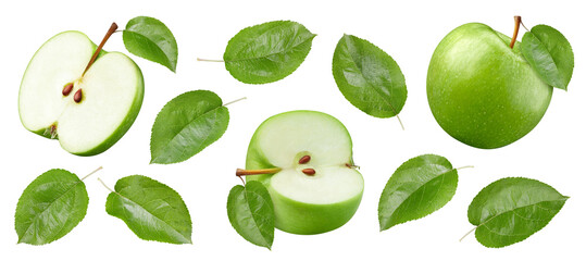 Ripe green apple fruits on the white background