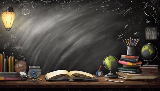Back to school concept. Books, globe, pencils and chalk on blackboard background