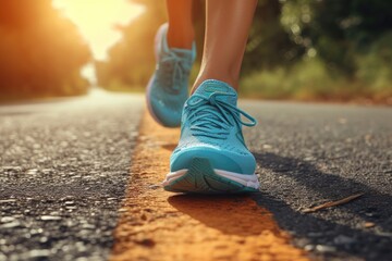 Running shoes for women on a concrete pathway. Generative Ai.