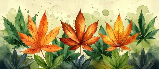 Fototapeta na wymiar Watercolor marijuana cannabis leaf Background