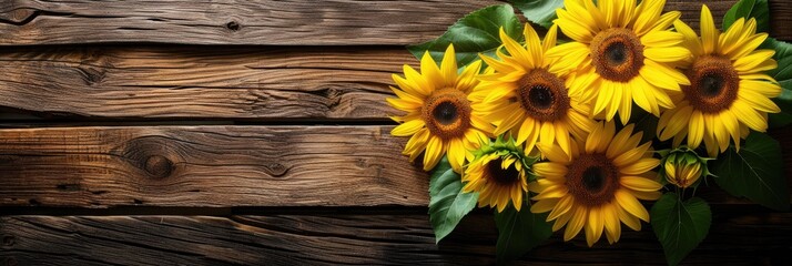 sunflowers on rustic wooden background many wooden slats