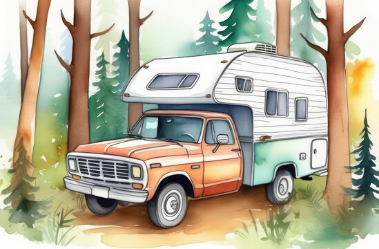 camping truck parked in forest among trees. vacation in wild nature, watercolor illustration
