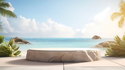 3D background. Marble podium on tropical sand with blurred tropical sea background. generative ai - obrazy, fototapety, plakaty