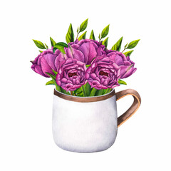Vintage bouquet of pink tulips in a cup. Spring floral watercolor vector illustration for various designs for Mothers Day, International Women's Day, Valentine's Day, Love, March 8
