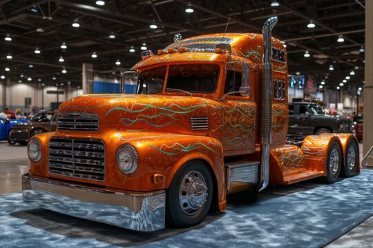 American semi truck with expressive orange design in an auto production workshop. Cargo transportation, automotive design