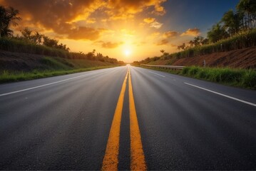 Beautiful sun rising sky with asphalt highways road in rural scene use land transport and traveling background,backdrop - obrazy, fototapety, plakaty