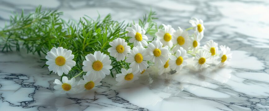 Matricaria Yellow Button Feverfew On Marble, Design llustration Background