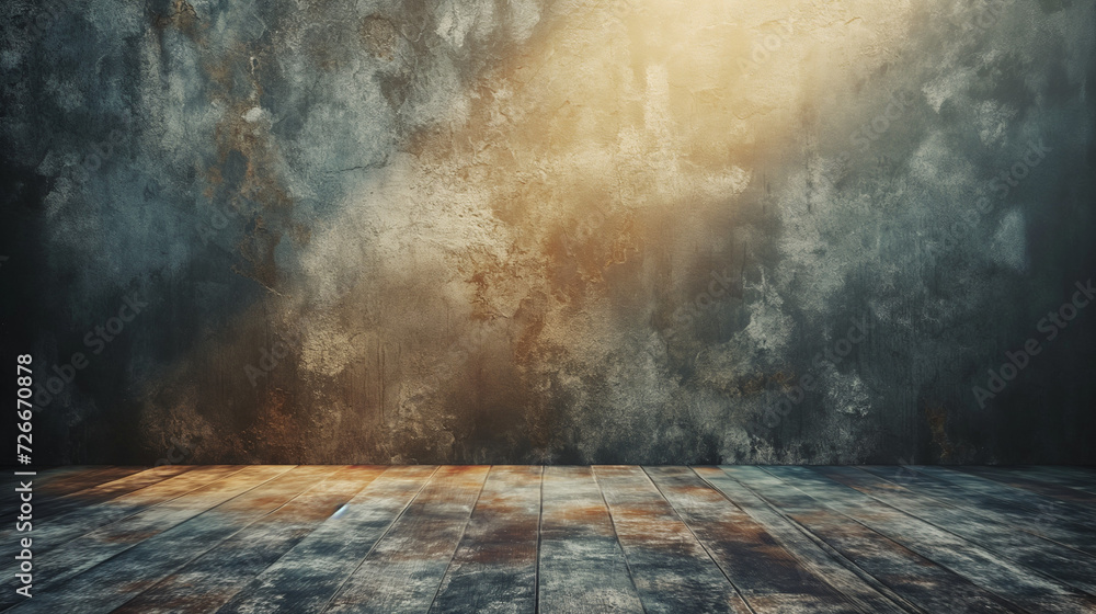Poster mystical cement loft style with clouds and fog, illuminated by the sunlight, creating a grunge textu