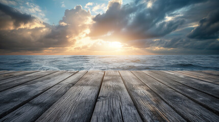 Sunset Serenity on a Wooden Pier by the Sea with a Spectacular Horizon and Cloud-kissed Sky