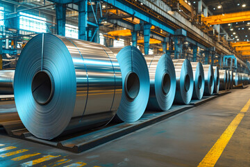 At warehouse, there is roll of galvanized steel coil sheet inside factory. Generative AI - obrazy, fototapety, plakaty