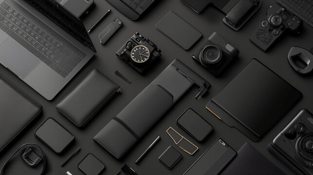Close-up view of Spacious flat lay arrangement of black office equipment on a black background