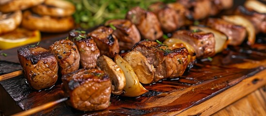 Grilled shish kebab made with meat and mushrooms indoors.