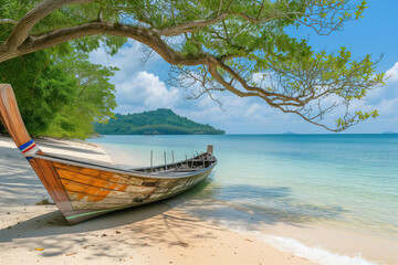 Fototapeta na wymiar At shores of ocean, traditional long-tail wooden boat is seen in tropical seascape AI Generative