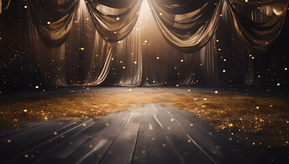 Golden confetti falls on festive stage ,hanging curtains in the background, lit by a central beam of light from the top,  wooden floor, mockup for events like award ceremonies or product presentations