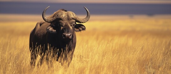 Buffalo, a four-footed animal, grazes on spiky grass in rural fields.