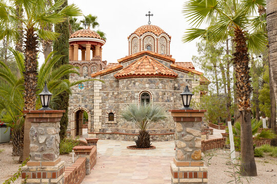 Byzantine architecture. The Chapel of St. Nicholas at St Antony Greek Orthodox Monastery in Florence, Arizona, USA Spirituality and Faith. Orthodox Christian Church in Desert. Horizontal Plane