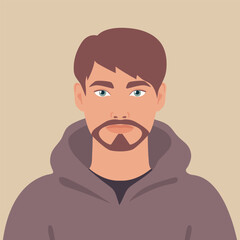 Beautiful young bearded man in a hoodie. Portrait or an avatar of a male. Vector illustration